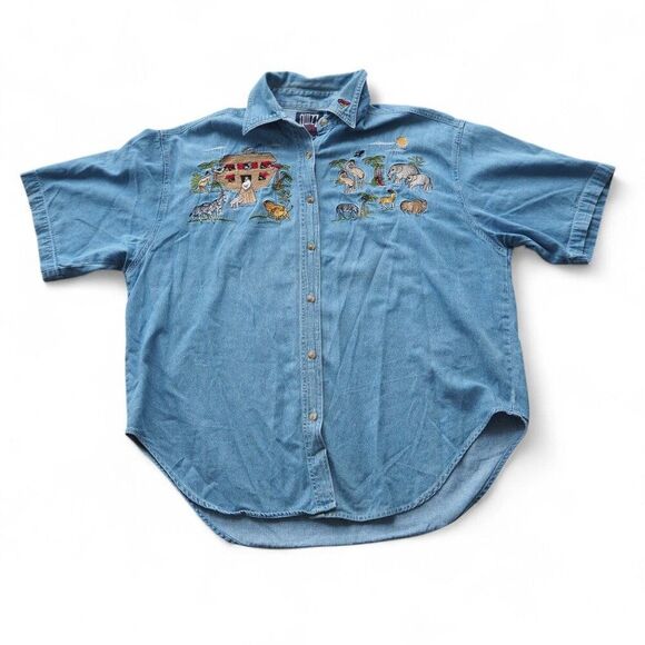 Quizz Vintage 90s "Noah Ark" Embroidered Denim SS Button Up Shirt Women's 20 - Picture 1 of 7